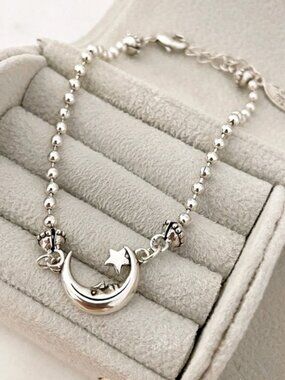 925 Sterling Silver Moon & Star Bracelet Dainty Bracelet Beaded Bracelet